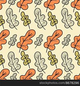 Seamless vector pattern with orange and green leaves in doodle style on yellow pastel background.