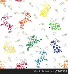 Seamless vector pattern with ornamental colorful Easter rabbits on a white background. Seamless pattern with ornamental rabbits