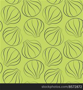 Seamless vector pattern with outline green seashells
