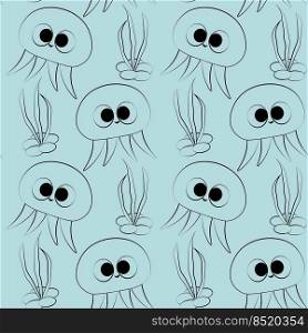 Seamless vector pattern with outline jellyfish and seaweed