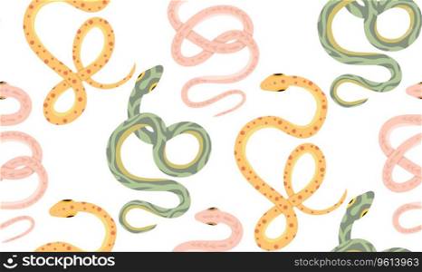 Seamless vector pattern with pink, green and yellow snakes. Cartoon texture with serpents on white background. Surface design with tracery pythons for fabrics, wrapping paper. Seamless vector pattern with pink, green and yellow snakes. Cartoon texture with serpents on white background. Surface design