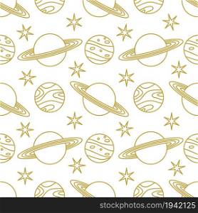 Seamless vector pattern with planets, Saturn, stars. Space exploration. Astronomy. Science. Design for astronomy apps, websites, print.