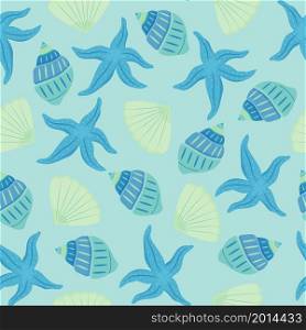 Seamless vector pattern with seashells and starfish. Blue and turquoise shades. Beautiful summer pattern.