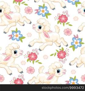Seamless vector pattern with spring concept. Cute cartoon character lambs and flowers. Colorful illustration isolated on white background. For print, t-shirt, design, wallpaper, decor, textile. Seamless vector pattern lambs on white background