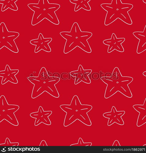 Seamless vector pattern with stars. Pattern in hand draw style. Red background. Can be used for fabric and etc. Seamless vector pattern. Christmas tree decorations. Pattern in hand draw style