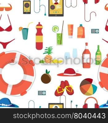 Seamless vector pattern with summer beach objects. Summer Holidays. Hat, swimsuit, sunglasses, gadgets, food beverages and other items used on the beach