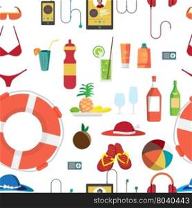Seamless vector pattern with summer beach objects. Summer Holidays. Hat, swimsuit, sunglasses, gadgets, food beverages and other items used on the beach