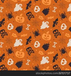Seamless vector pattern with symbols of Halloween. For web, print or wallpapers. The illustration includes traditional elements - pumpkin, ghost, skeleton, bat