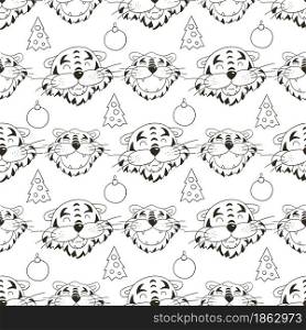 Seamless vector pattern with the heads of tigers in Christmas hats, Christmas trees. Year of the tiger 2022. Can be used for Coloring, wrapping paper and etc. Coloring Seamless vector pattern with tigers faces. Pattern in hand draw style. New Year&rsquo;s holidays 2022