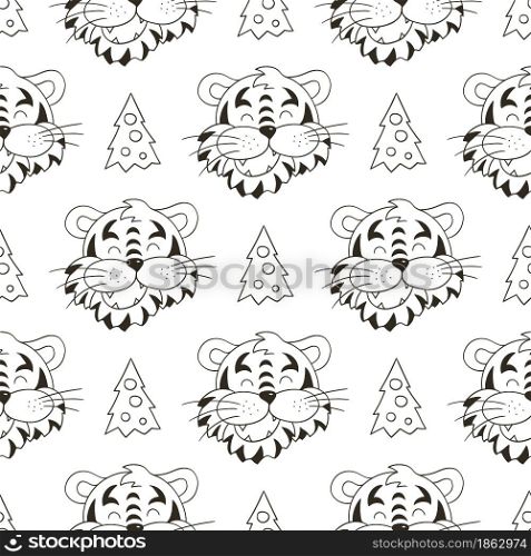Seamless vector pattern with the heads of tigers in Christmas hats, Christmas trees. Year of the tiger 2022. Can be used for fabric, Coloring and etc. Coloring Seamless vector pattern with tigers faces. Pattern in hand draw style. New Year&rsquo;s holidays 2022