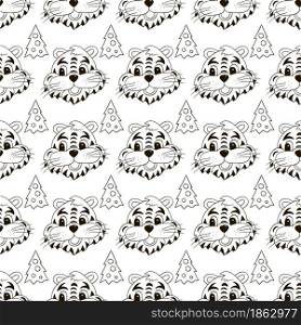 Seamless vector pattern with the heads of tigers in Christmas hats, Christmas trees. Year of the tiger 2022. Can be used for fabric, Coloring, wrapping and etc. Coloring Seamless vector pattern with tigers faces. Pattern in hand draw style. New Year&rsquo;s holidays 2022