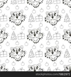 Seamless vector pattern with the heads of tigers in Christmas hats, Christmas trees. Pattern. Year of the tiger 2022. Can be used for Coloring and etc. Coloring Seamless vector pattern with tigers faces. Pattern in hand draw style. New Year&rsquo;s holidays 2022