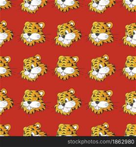 Seamless vector pattern with tigers faces. Bright Pattern in hand draw style. New Year&rsquo;s holidays 2022. Year of the tiger. Can be used for fabric, wrapping and etc. Faces of tigers. Symbol of 2022. Tigers in hand draw style. New Year 2022