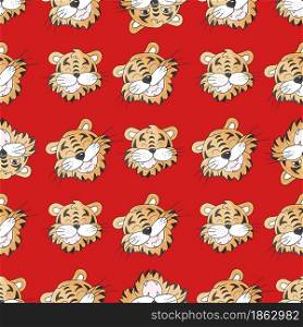 Seamless vector pattern with tigers faces. Bright Pattern in hand draw style. New Year&rsquo;s holidays 2022. Faces of tigers. Symbol of 2022. Tigers in hand draw style. New Year 2022