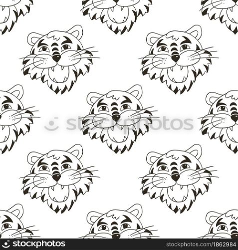 Seamless vector pattern with tigers faces. Coloring Pattern in hand draw style. New Year&rsquo;s holidays 2022. Year of the tiger. Coloring Seamless vector pattern with tigers faces. Pattern in hand draw style. New Year&rsquo;s holidays 2022