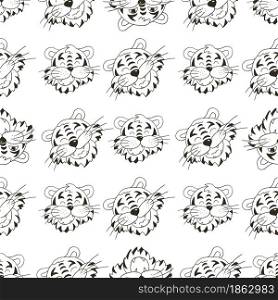 Seamless vector pattern with tigers faces. Coloring Pattern in hand draw style. New Year 2022. Coloring Seamless vector pattern with tigers faces. Pattern in hand draw style. New Year&rsquo;s holidays 2022
