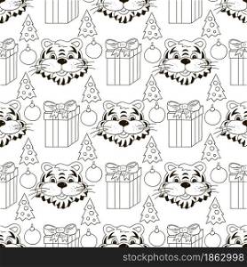Seamless vector pattern with tigers heads, Christmas trees, gifts. Year of the tiger 2022. Can be used for fabric, Coloring, wrapping paper, textile and etc. Coloring Seamless vector pattern with tigers faces. Pattern in hand draw style. New Year&rsquo;s holidays 2022