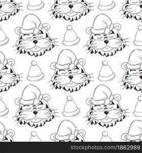 Seamless vector pattern with tigers heads in Christmas hats. New Year&rsquo;s holidays 2022. Year of the tiger. Can be used for Coloring, wrapping paper and etc. Coloring Seamless vector pattern with tigers faces. Pattern in hand draw style. New Year&rsquo;s holidays 2022