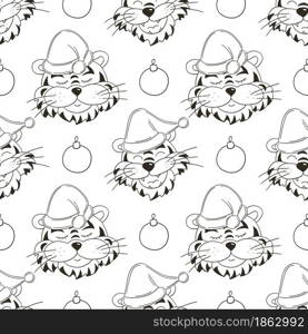 Seamless vector pattern with tigers heads in Christmas hats. Pattern. New Year&rsquo;s holidays 2022. Year of the tiger. Can be used for fabric, Coloring and etc. Coloring Seamless vector pattern with tigers faces. Pattern in hand draw style. New Year&rsquo;s holidays 2022