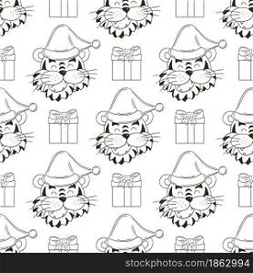 Seamless vector pattern with tigers heads in New Year&rsquo;s hats, gifts. Coloring Pattern in hand draw style. Year of the tiger 2022. Can be used for fabric and etc. Coloring Seamless vector pattern with tigers faces. Pattern in hand draw style. New Year&rsquo;s holidays 2022