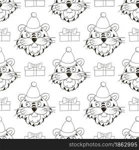 Seamless vector pattern with tigers heads in New Year&rsquo;s hats, gifts. Pattern in hand draw style. Year of the tiger 2022. Can be used for fabric, Coloring and etc. Coloring Seamless vector pattern with tigers faces. Pattern in hand draw style. New Year&rsquo;s holidays 2022