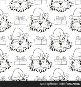 Seamless vector pattern with tigers heads in New Year&rsquo;s hats, gifts. Pattern. Year of the tiger 2022. Can be used for fabric, Coloring, wrapping paper and etc. Coloring Seamless vector pattern with tigers faces. Pattern in hand draw style. New Year&rsquo;s holidays 2022