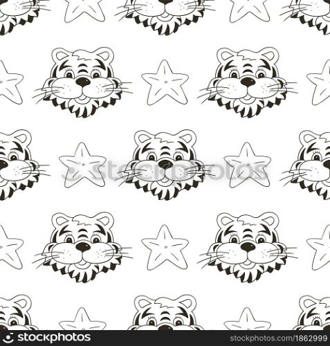 Seamless vector pattern with tigers heads, stars. Pattern. Year of the tiger 2022. Can be used for fabric, Coloring, wrapping paper, textile and etc. Coloring Seamless vector pattern with tigers faces. Pattern in hand draw style. New Year&rsquo;s holidays 2022