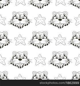 Seamless vector pattern with tigers heads, stars. Pattern. Year of the tiger 2022. Can be used for fabric, Coloring, wrapping paper, textile and etc. Coloring Seamless vector pattern with tigers faces. Pattern in hand draw style. New Year&rsquo;s holidays 2022