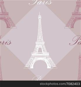 Seamless vector pattern with white and pink Eiffel tower on grey and purple background