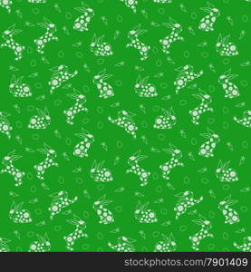 Seamless vector pattern with white Easter rabbits over green background. Seamless pattern with white rabbits over green