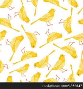 Seamless vector pattern with yellow canary birds on white background
