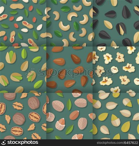 Seamless vector patterns with nuts and seeds. Flat design. Traditional snacks. Ornament for wallpapers, polygraphy, textiles, web page design, surface textures. Isolated on colored background.. Set of Seamless Patterns with Nuts and Seeds.