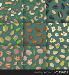 Seamless vector patterns with nuts and seeds. Flat design. Traditional snacks. Ornament for wallpapers, polygraphy, textiles, web page design, surface textures. Isolated on colored background.. Set of Seamless Patterns with Nuts and Seeds.