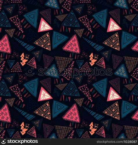 seamless vector repeat pattern of hand-drawn, abstract, doodled triangles