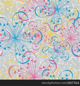 seamless vector repeat pattern of hand-drawn, abstract, floral motifs in a vibrant palette