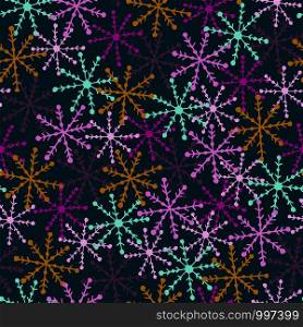seamless vector repeat pattern of hand-drawn, abstract, rainbow snowflakes