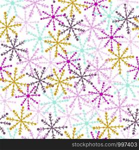 seamless vector repeat pattern of hand-drawn, abstract, rainbow snowflakes