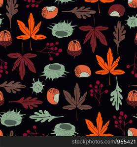 seamless vector repeat pattern of hand-drawn autumn motifs on a striking dark background