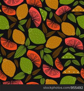 seamless vector repeat pattern of hand-drawn citrus motifs on a striking dark background