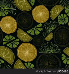 seamless vector repeat pattern of hand-drawn citrus motifs on a striking dark background