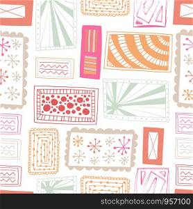 seamless vector repeat pattern of hand-drawn, doodled rectangle motifs in a bright colour palette