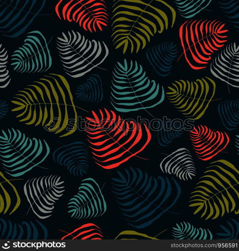 seamless vector repeat pattern of hand-drawn fern motifs on a striking dark background