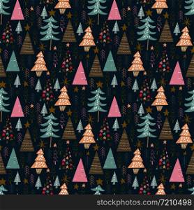 seamless vector repeat pattern of hand-drawn festive tree motifs