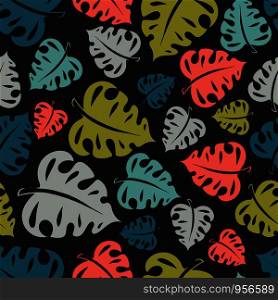 seamless vector repeat pattern of hand-drawn tropical leaf motifs on a striking dark background
