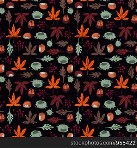 seamless vector repeat pattern texture of hand-drawn autumn motifs on a striking dark background
