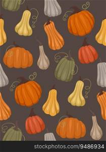 Seamless vector rural pattern with various pumpkins on a dark gray background. Graden backdrop. Farm texture with vegetables for fabrics, wrapping paper and your creativity. Seamless vector rural pattern with various pumpkins on a dark gray background. Graden backdrop. Farm texture with vegetables