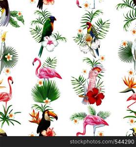 Seamless vector set is composition with tropical birds and plants, leaves and flowers. Beach print pattern wallpaper