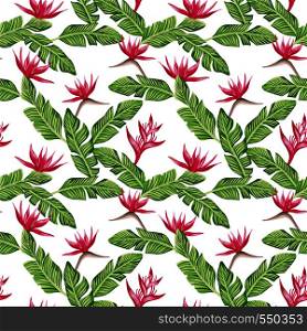 Seamless vector summer composition from green banana leaves and red flowers bird of paradise (strelizia) white background. Fresh spring pattern wallpaper