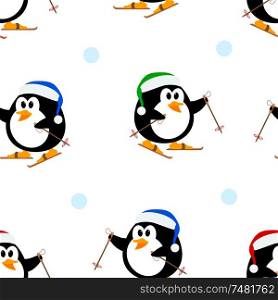 Seamless vector texture with penguins on skis. Vector pattern with cute little penguins on skis.