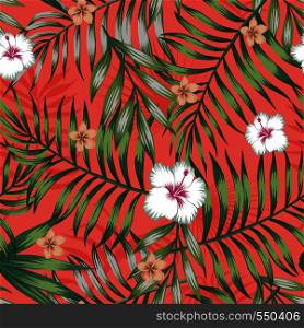 Seamless vector trendy color composition tropical leaves and hibiscus, frangipani (plumeria) flowers living coral background. Seamless vector pattern